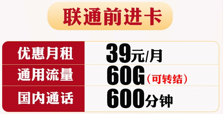 聯(lián)通高性價比套餐推薦 39元60G通用流量（可結轉）+600分鐘國內(nèi)通話 全國可發(fā)貨