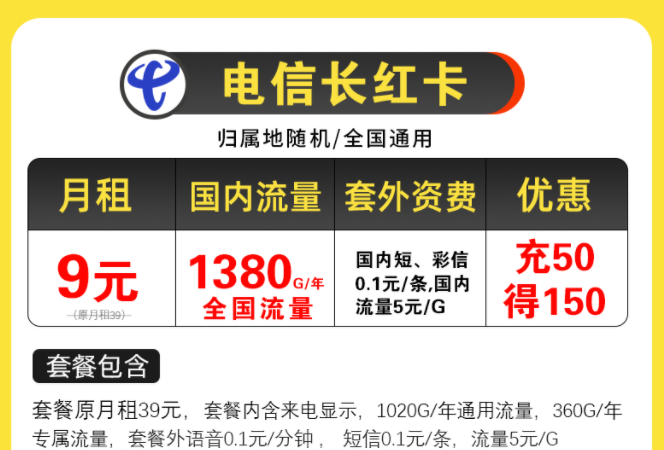 電信超值優惠套餐有哪些？電信長紅卡，月租9元包含125G全國流量/月不限速手機上網卡